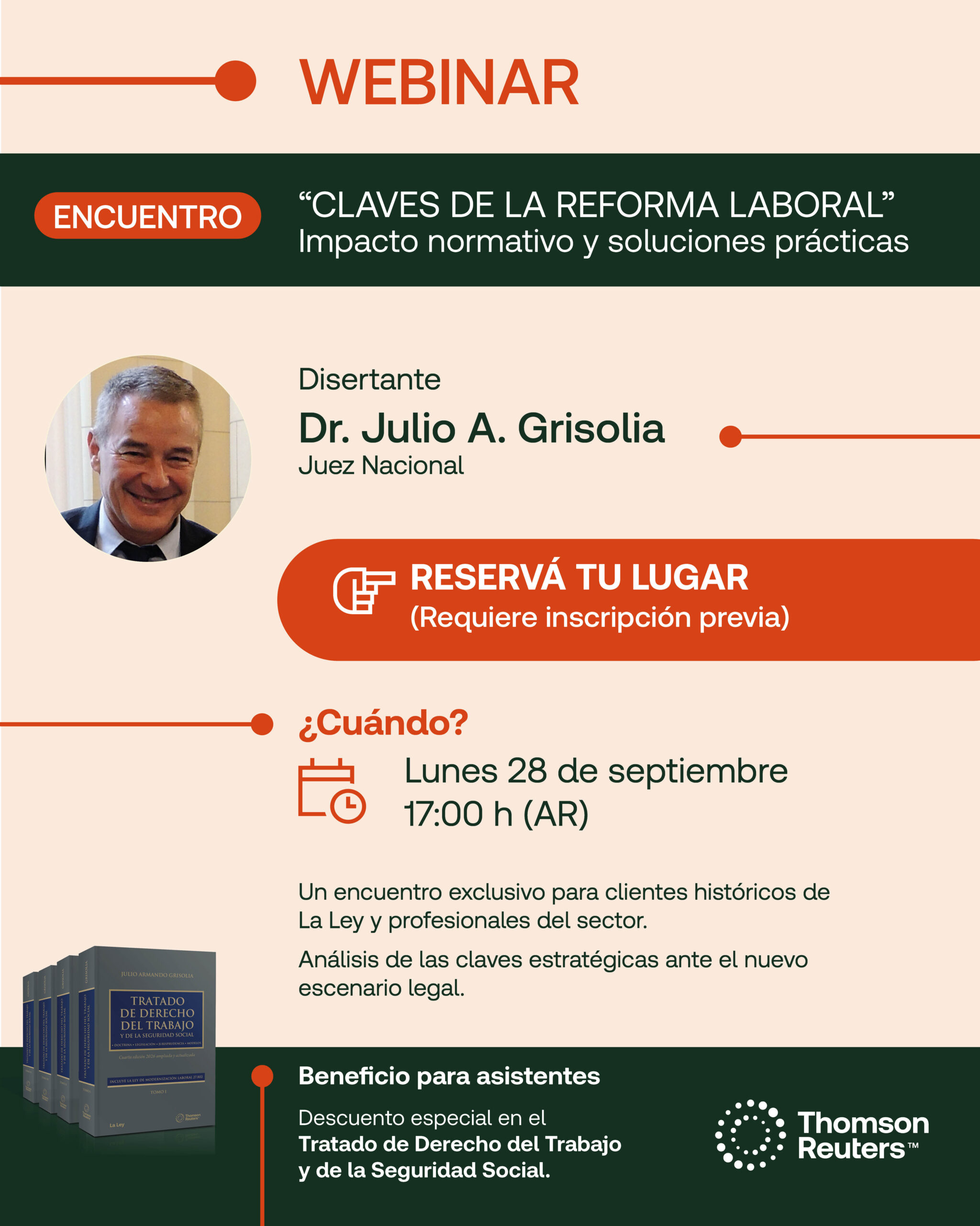 MAS DE 600 INSCRIPTOS en la webinar de JULIO A. GRISOLIA sobre LA REFORMA LABORAL, del 28 de setiembre, organizada por Thomson Reuters-LA LEY